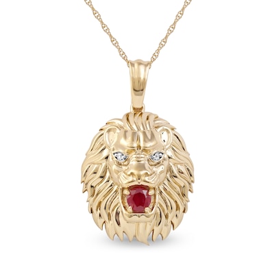 Men's 4.0mm Ruby and Diamond Accent Lion Head Pendant in 10K Gold - 22"