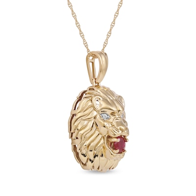 Men's 4.0mm Ruby and Diamond Accent Lion Head Pendant in 10K Gold - 22"