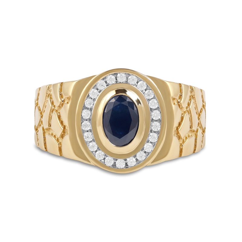Men's Oval Blue Sapphire and 0.18 CT. T.W. Diamond Frame Nugget Shank Ring in 10K Gold|Peoples Jewellers