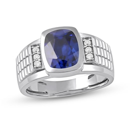 Men's Cushion-Cut Blue and White Lab-Created Sapphire Tri-Sides Triple Row Ribbed Shank Ring in Sterling Silver