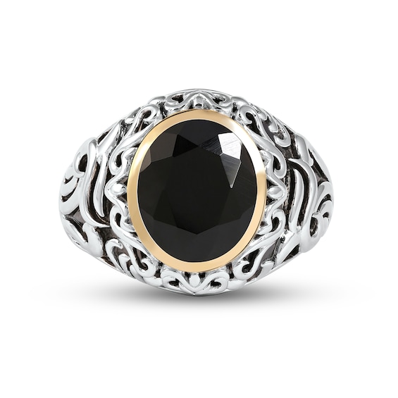 Men's Oval Black Onyx and Filigree Dome Shank Ring in Sterling Silver and 10K Gold