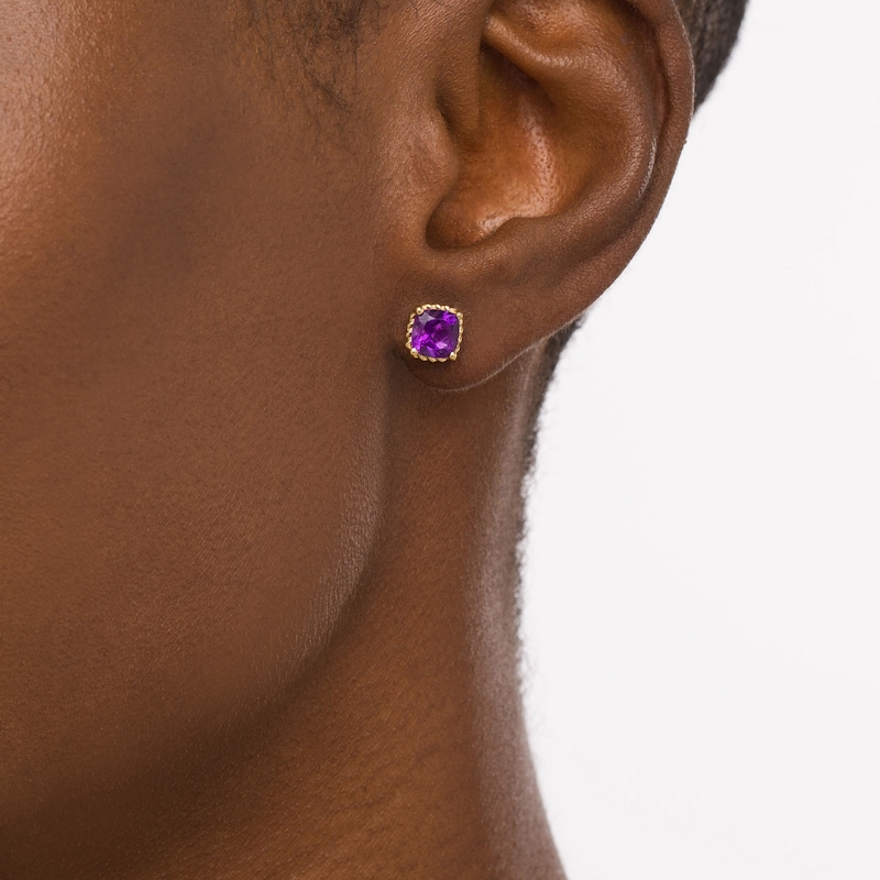 6.0mm Cushion-Cut Amethyst Solitaire Rope-Textured Frame Stud Earrings in Sterling Silver and 10K Gold|Peoples Jewellers