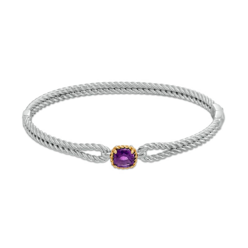 7.0mm Amethyst Solitaire Rope-Textured Frame Double Row Loop Split Bangle in Sterling Silver and 10K Gold