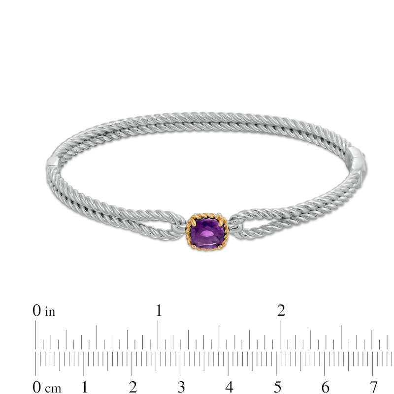 7.0mm Amethyst Solitaire Rope-Textured Frame Double Row Loop Split Bangle in Sterling Silver and 10K Gold