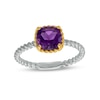 Thumbnail Image 0 of 7.0mm Cushion-Cut Amethyst Solitaire Rope-Textured Frame and Shank Ring in Sterling Silver and 10K Gold
