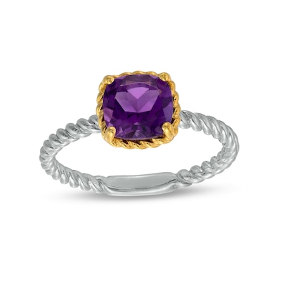 7.0mm Cushion-Cut Amethyst Solitaire Rope-Textured Frame and Shank Ring in Sterling Silver and 10K Gold