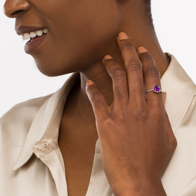 7.0mm Cushion-Cut Amethyst Solitaire Rope-Textured Frame and Shank Ring in Sterling Silver and 10K Gold