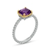 Thumbnail Image 2 of 7.0mm Cushion-Cut Amethyst Solitaire Rope-Textured Frame and Shank Ring in Sterling Silver and 10K Gold