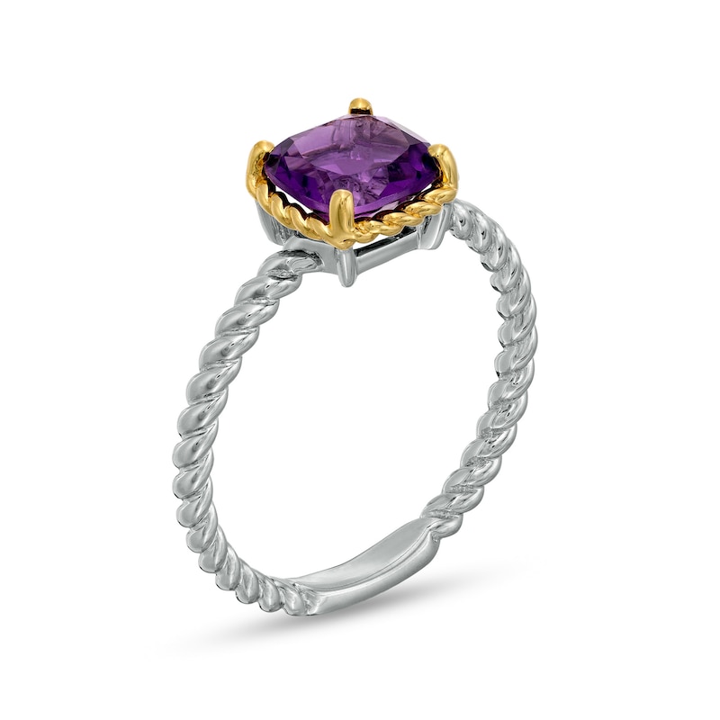 7.0mm Cushion-Cut Amethyst Solitaire Rope-Textured Frame and Shank Ring in Sterling Silver and 10K Gold