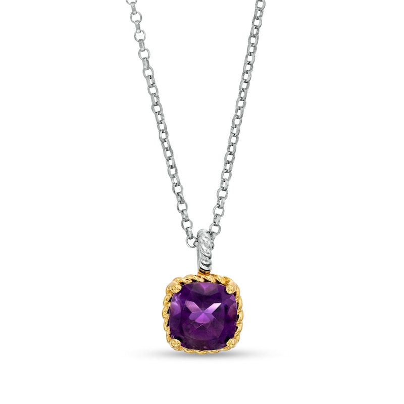 7.0mm Cushion-Cut Amethyst Solitaire Rope-Textured Frame Drop Pendant in Sterling Silver and 10K Gold|Peoples Jewellers