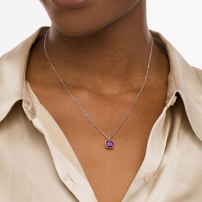 7.0mm Cushion-Cut Amethyst Solitaire Rope-Textured Frame Drop Pendant in Sterling Silver and 10K Gold