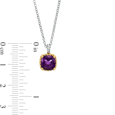 7.0mm Cushion-Cut Amethyst Solitaire Rope-Textured Frame Drop Pendant in Sterling Silver and 10K Gold