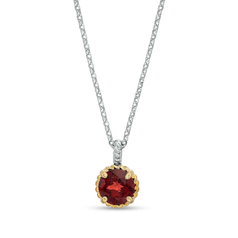 7.0mm Garnet Solitaire Rope-Textured Frame Drop Pendant in Sterling Silver and 10K Gold|Peoples Jewellers