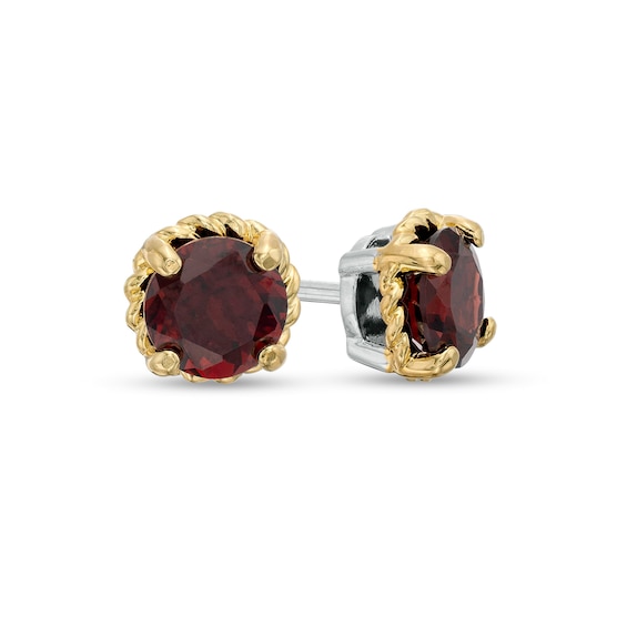 6.0mm Garnet Solitaire Rope-Textured Frame Stud Earrings in Sterling Silver and 10K Gold