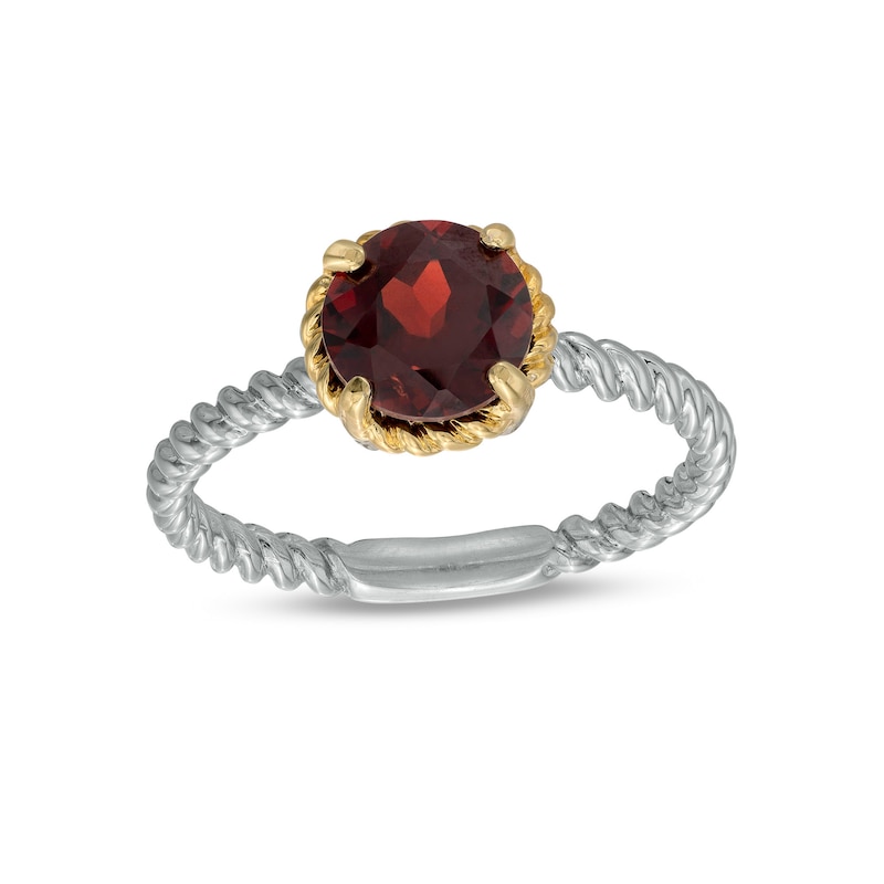7.0mm Garnet Solitaire Rope-Textured Frame and Shank Ring in Sterling Silver and 10K Gold|Peoples Jewellers