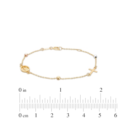 Child's Diamond-Cut Beaded Rosary Bracelet in Hollow 14K Tri-Tone Gold - 6"