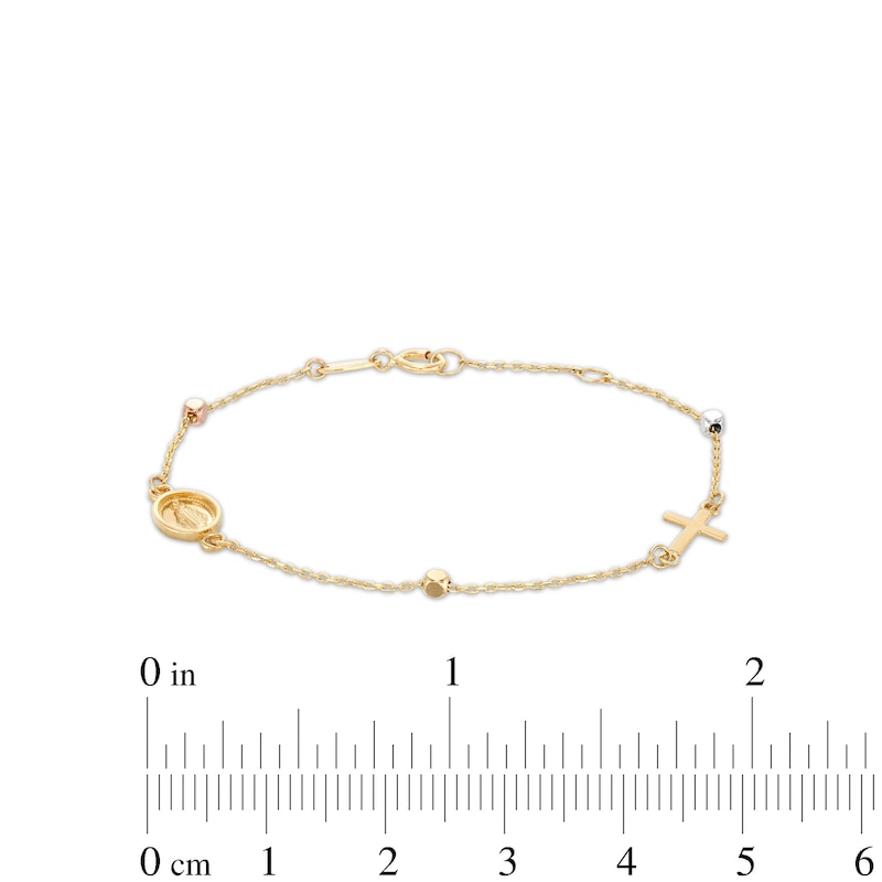 Child's Diamond-Cut Beaded Rosary Bracelet in Hollow 14K Tri-Tone Gold - 6"