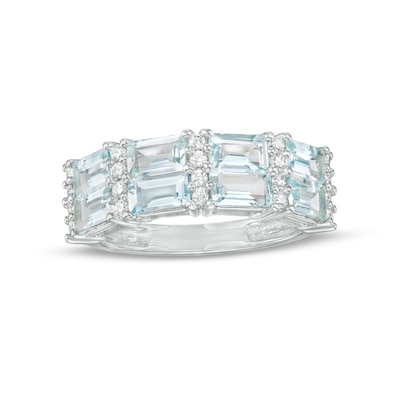 Sideways Baguette Aquamarine and 0.20 CT. T.W. Diamond Duos Alternating Double Row Band in 10K White Gold