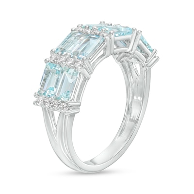 Sideways Baguette Aquamarine and 0.20 CT. T.W. Diamond Duos Alternating Double Row Band in 10K White Gold