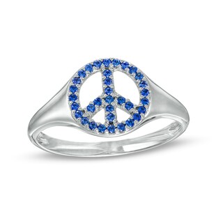 Blue Lab-Created Sapphire Peace Sign Dome Ring in 10K White Gold - Size 7