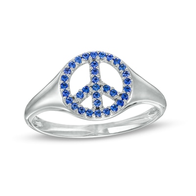 Blue Lab-Created Sapphire Peace Sign Dome Ring in 10K White Gold - Size 7