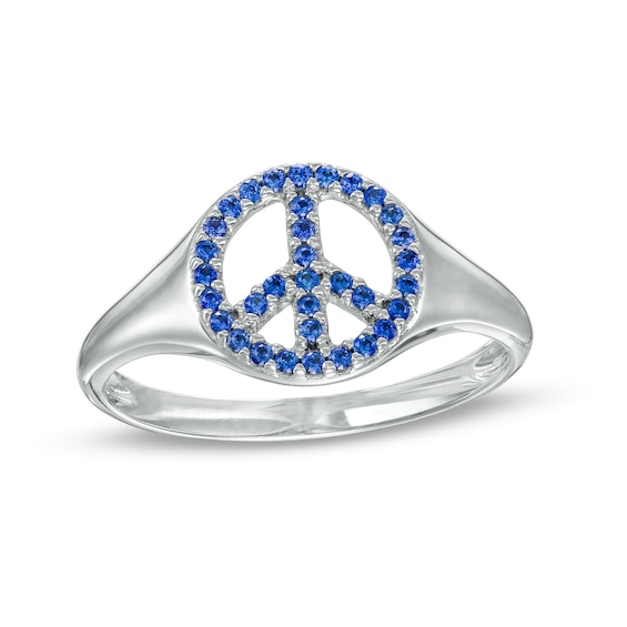 Blue Lab-Created Sapphire Peace Sign Dome Ring in 10K White Gold - Size 7