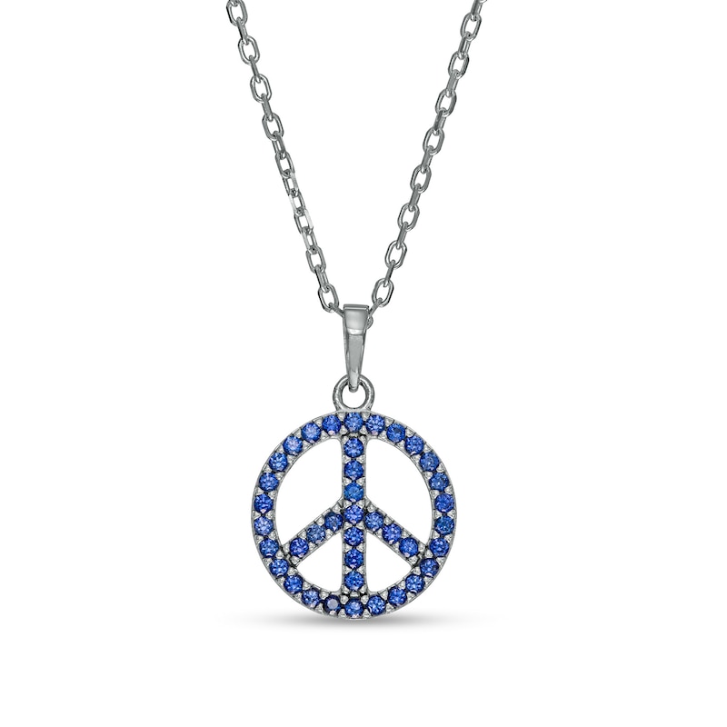 Blue Lab-Created Sapphire Peace Sign Pendant in 10K White Gold