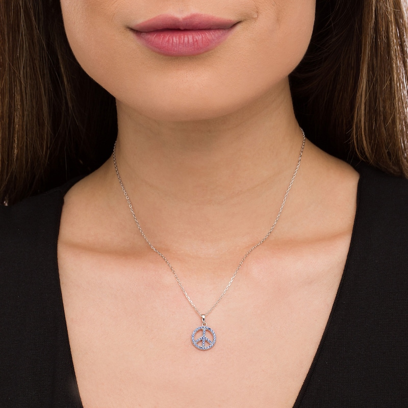 Blue Lab-Created Sapphire Peace Sign Pendant in 10K White Gold