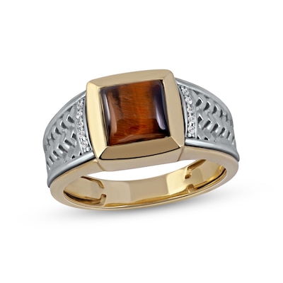 Men's 8.0mm Square-Cut Tiger's Eye and 0.04 CT. T.W. Diamond Basket Weave Ring in 10K Two-Tone Gold