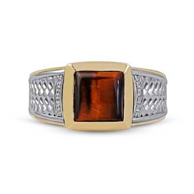 Men's 8.0mm Square-Cut Tiger's Eye and 0.04 CT. T.W. Diamond Basket Weave Ring in 10K Two-Tone Gold