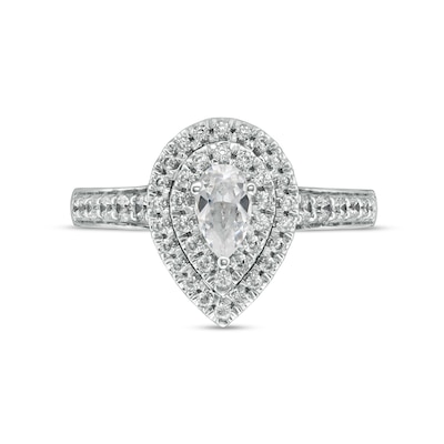 0.75 CT. T.W. Certified Canadian Pear-Shaped Diamond Double Frame Engagement Ring in 14K White Gold (I/I1)