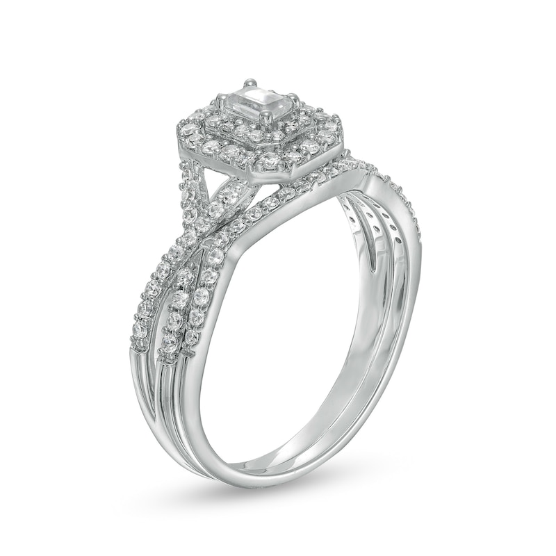 0.58 CT. T.W. Emerald-Cut Diamond Double Frame Twist Shank Bridal Set in 10K White Gold (I/I2)|Peoples Jewellers