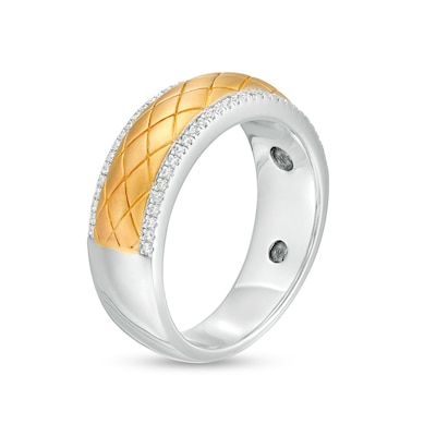 Men's 0.23 CT. T.W. Diamond Border Diagonal Grid Pattern Wedding Band in 14K Two-Tone Gold