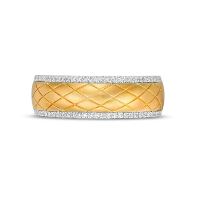 Men's 0.23 CT. T.W. Diamond Border Diagonal Grid Pattern Wedding Band in 14K Two-Tone Gold