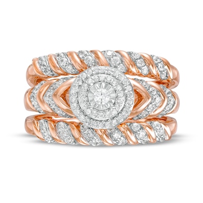 0.45 CT. T.W. Diamond Double Frame Spiral Three Piece Bridal Set in 10K Rose Gold (J/I3)