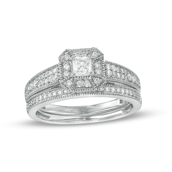 0.45 CT. T.W. Princess-Cut Diamond Frame Three Piece Bridal Set in 10K White Gold (J/I3)