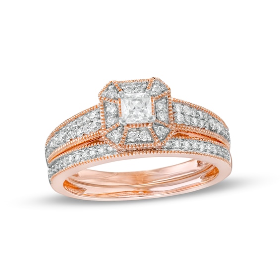 0.45 CT. T.W. Princess-Cut Diamond Frame Three Piece Bridal Set in 10K Rose Gold (J/I3)