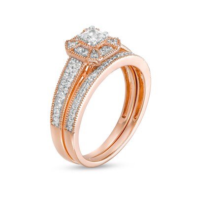 0.45 CT. T.W. Princess-Cut Diamond Frame Three Piece Bridal Set in 10K Rose Gold (J/I3)