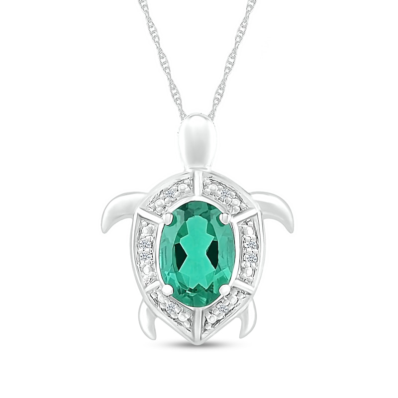 Oval Lab-Created Emerald and Diamond Accent Beaded Shell Pattern Sea Turtle Pendant in Sterling Silver