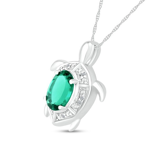 Oval Lab-Created Emerald and Diamond Accent Beaded Shell Pattern Sea Turtle Pendant in Sterling Silver