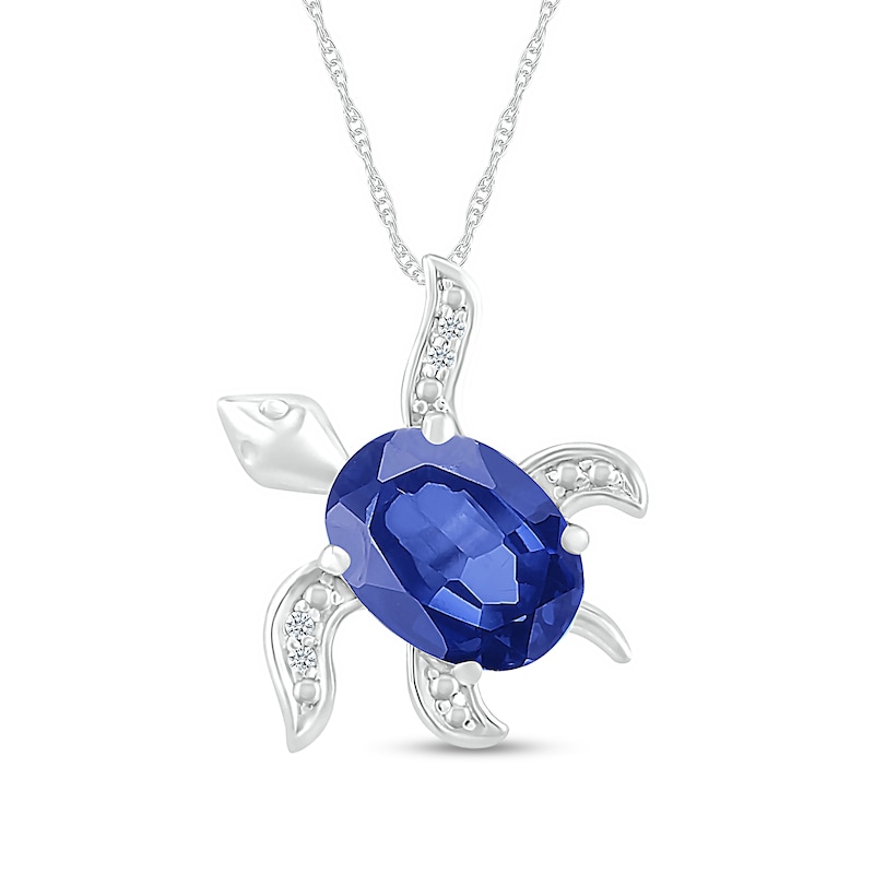 Oval Blue Lab-Created Sapphire and Diamond Accent Beaded Tilted Sea Turtle Pendant in Sterling Silver|Peoples Jewellers