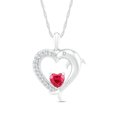 5.0mm Lab-Created Ruby and White Lab-Created Sapphire Dolphin Heart Pendant in Sterling Silver