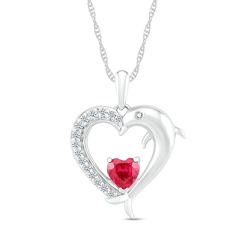5.0mm Lab-Created Ruby and White Lab-Created Sapphire Dolphin Heart Pendant in Sterling Silver|Peoples Jewellers