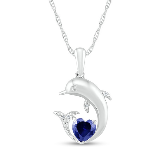 5.0mm Heart-Shaped Blue Lab-Created Sapphire and Diamond Accent Beaded Dolphin Pendant in Sterling silver