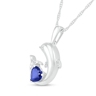 5.0mm Heart-Shaped Blue Lab-Created Sapphire and Diamond Accent Beaded Dolphin Pendant in Sterling silver