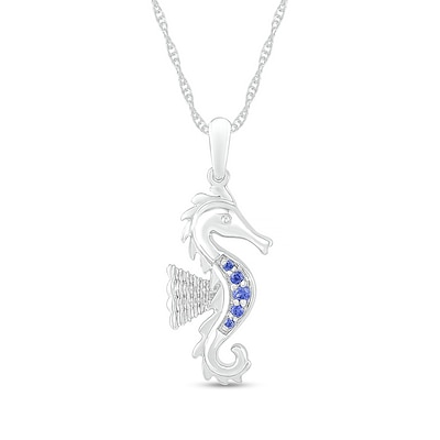 Blue Lab-Created Sapphire Graduated Five Stone Seahorse Pendant in Sterling Silver