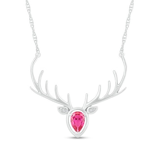 Pear-Shaped Lab-Created Ruby and Diamond Accent Deer with Antlers Necklace in Sterling Silver