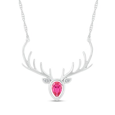 Pear-Shaped Lab-Created Ruby and Diamond Accent Deer with Antlers Necklace in Sterling Silver