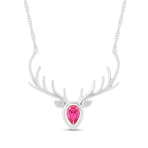 Pear-Shaped Lab-Created Ruby and Diamond Accent Deer with Antlers Necklace in Sterling Silver