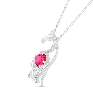 Oval Lab-Created Ruby and Diamond Accent Beaded Giraffe Necklace in Sterling Silver